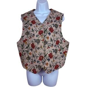 Liz Sport Vest Womens Large Tan Floral Linen Boho Vintage Cottagecore Preppy Y2K